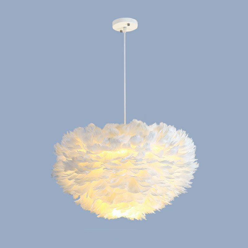 Hemisphere Shaped Girls Bedroom Ceiling Lighting Feather Minimalistic Chandelier Light Fixture White 27.5" Clearhalo 'Ceiling Lights' 'Chandeliers' 'Modern Chandeliers' 'Modern' Lighting' 2187443