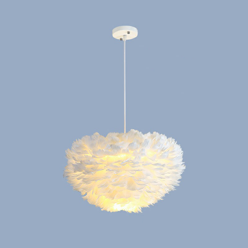 Hemisphere Shaped Girls Bedroom Ceiling Lighting Feather Minimalistic Chandelier Light Fixture White 19.5" Clearhalo 'Ceiling Lights' 'Chandeliers' 'Modern Chandeliers' 'Modern' Lighting' 2187445