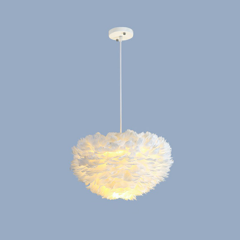 Hemisphere Shaped Girls Bedroom Ceiling Lighting Feather Minimalistic Chandelier Light Fixture White 15.5" Clearhalo 'Ceiling Lights' 'Chandeliers' 'Modern Chandeliers' 'Modern' Lighting' 2187446