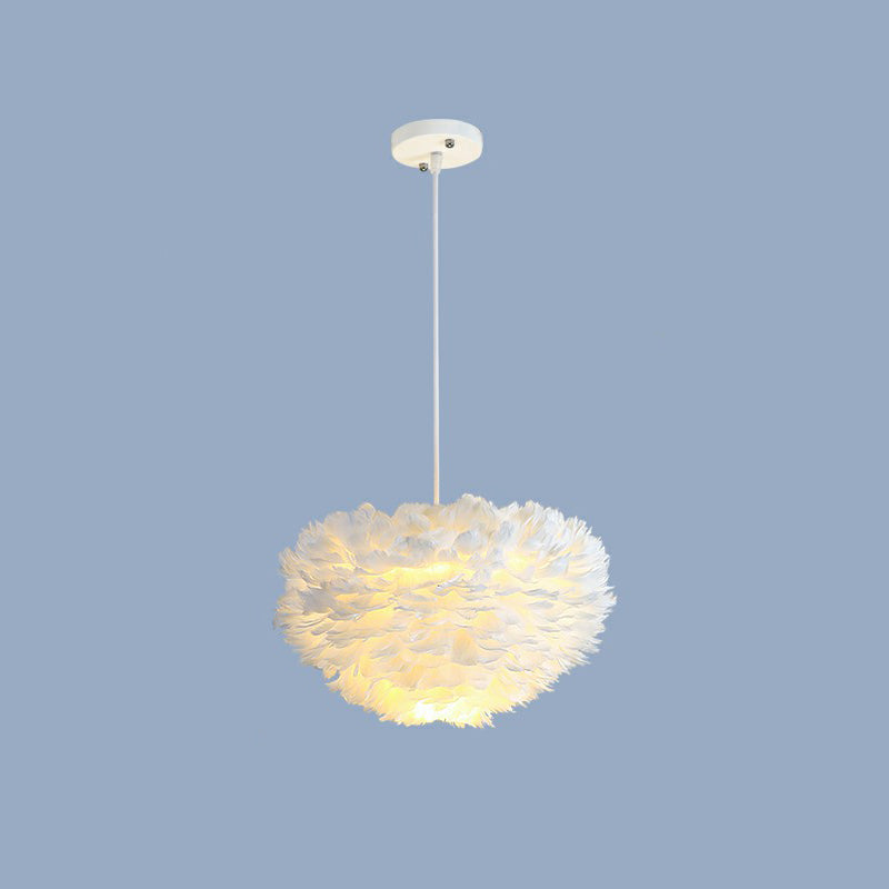 Hemisphere Shaped Girls Bedroom Ceiling Lighting Feather Minimalistic Chandelier Light Fixture White 12" Clearhalo 'Ceiling Lights' 'Chandeliers' 'Modern Chandeliers' 'Modern' Lighting' 2187447