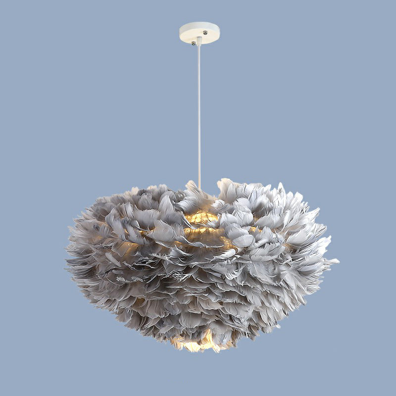 Hemisphere Shaped Girls Bedroom Ceiling Lighting Feather Minimalistic Chandelier Light Fixture Grey 31.5" Clearhalo 'Ceiling Lights' 'Chandeliers' 'Modern Chandeliers' 'Modern' Lighting' 2187449