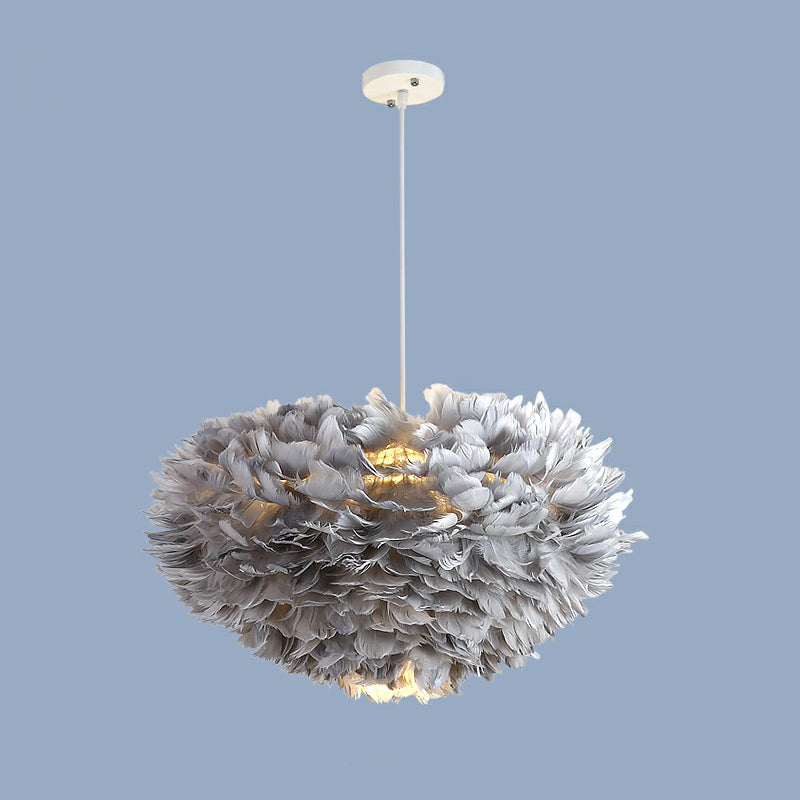 Hemisphere Shaped Girls Bedroom Ceiling Lighting Feather Minimalistic Chandelier Light Fixture Grey 27.5" Clearhalo 'Ceiling Lights' 'Chandeliers' 'Modern Chandeliers' 'Modern' Lighting' 2187450