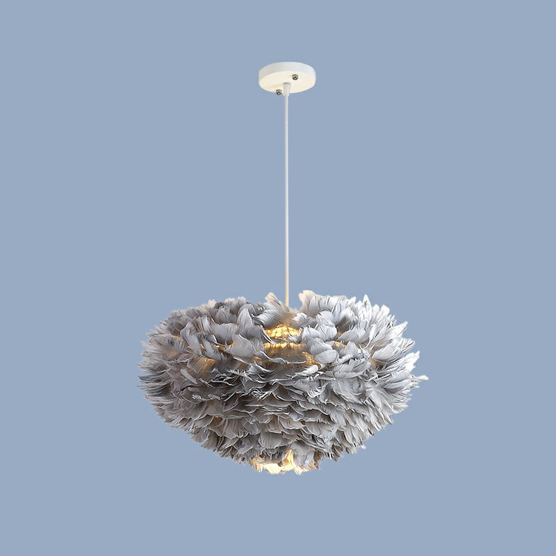 Hemisphere Shaped Girls Bedroom Ceiling Lighting Feather Minimalistic Chandelier Light Fixture Grey 19.5" Clearhalo 'Ceiling Lights' 'Chandeliers' 'Modern Chandeliers' 'Modern' Lighting' 2187452