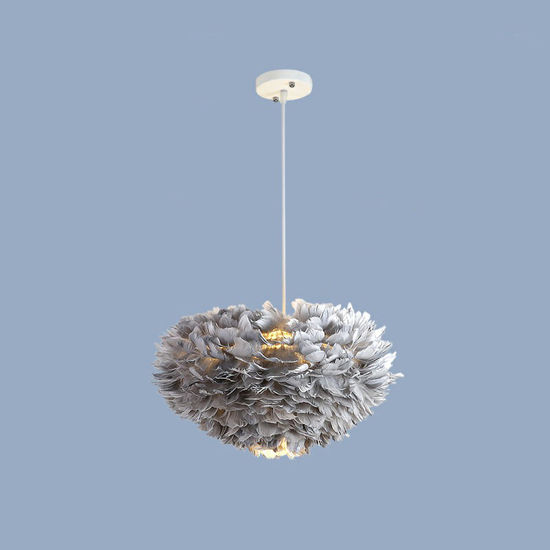 Hemisphere Shaped Girls Bedroom Ceiling Lighting Feather Minimalistic Chandelier Light Fixture Grey 15.5" Clearhalo 'Ceiling Lights' 'Chandeliers' 'Modern Chandeliers' 'Modern' Lighting' 2187453