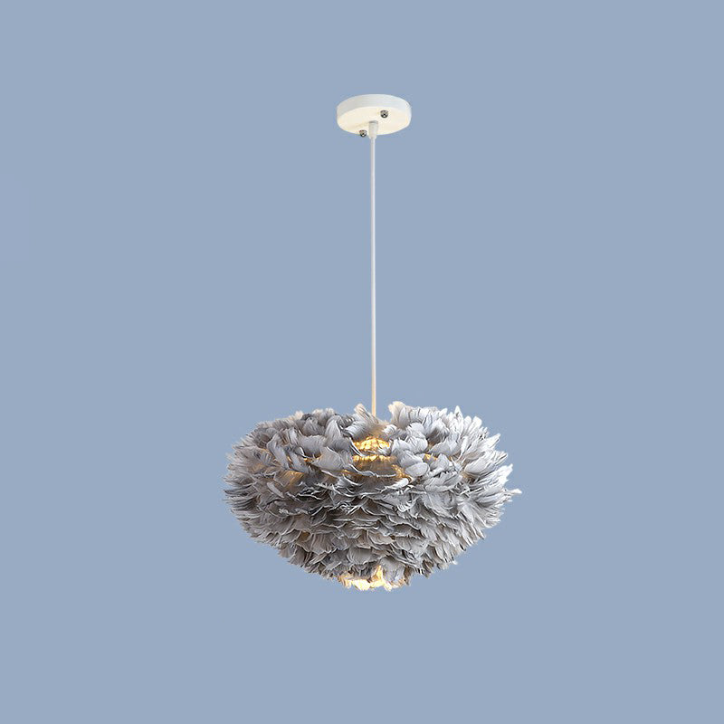 Hemisphere Shaped Girls Bedroom Ceiling Lighting Feather Minimalistic Chandelier Light Fixture Grey 12" Clearhalo 'Ceiling Lights' 'Chandeliers' 'Modern Chandeliers' 'Modern' Lighting' 2187454