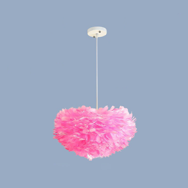 Hemisphere Shaped Girls Bedroom Ceiling Lighting Feather Minimalistic Chandelier Light Fixture Pink 15.5" Clearhalo 'Ceiling Lights' 'Chandeliers' 'Modern Chandeliers' 'Modern' Lighting' 2187460