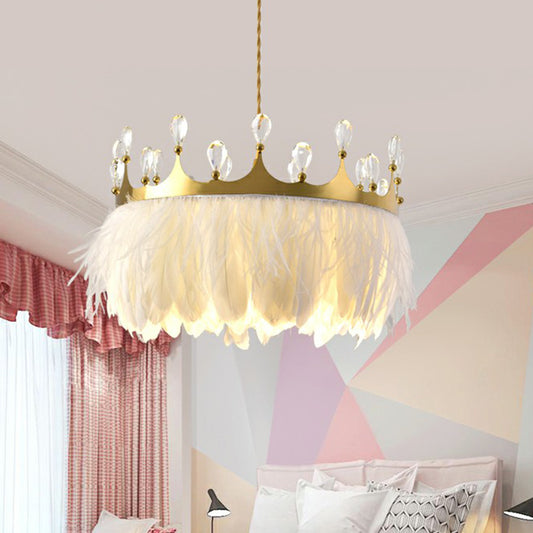 Gold Crown Pendant Light Modern Single Metallic Suspension Light Fixture with Crystal and Feather Decor Clearhalo 'Ceiling Lights' 'Modern Pendants' 'Modern' 'Pendant Lights' 'Pendants' Lighting' 2187538