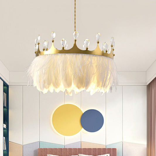 Gold Crown Pendant Light Modern Single Metallic Suspension Light Fixture with Crystal and Feather Decor Clearhalo 'Ceiling Lights' 'Modern Pendants' 'Modern' 'Pendant Lights' 'Pendants' Lighting' 2187539