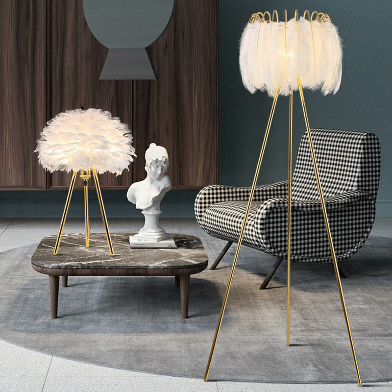 Tripod Shaped Night Lighting Minimalistic Metallic 1 Bulb Living Room Table Light with Feather Shade in Gold Clearhalo 'Lamps' 'Table Lamps' Lighting' 2187543
