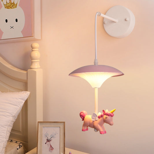 Mushroom Shaped Metallic LED Wall Light Pink Wall Lighting Fixture with Resin Unicorn Clearhalo 'Wall Lamps & Sconces' 'Wall Lights' Lighting' 2187578