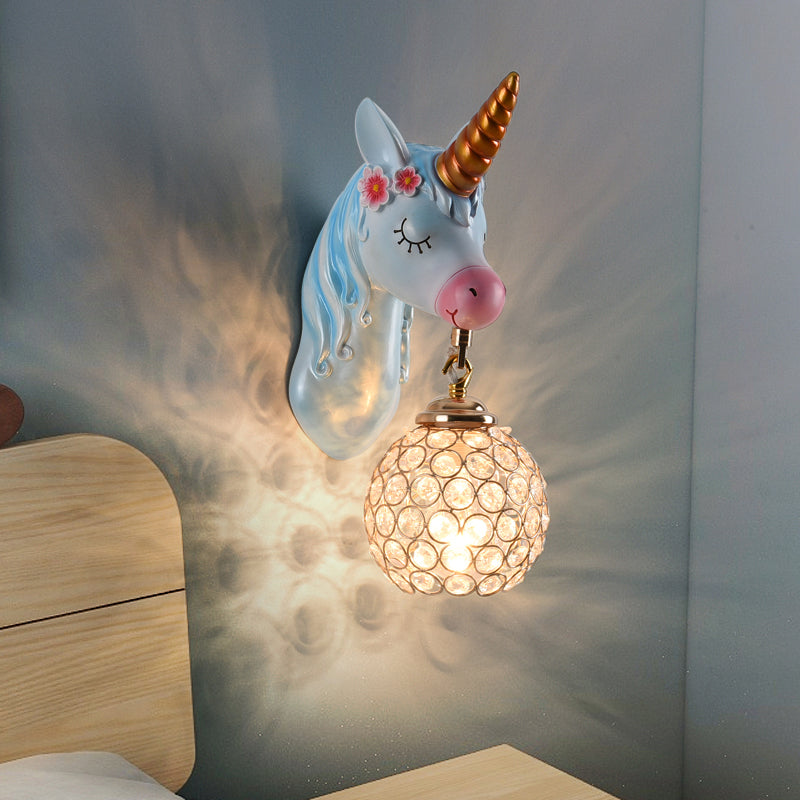 Cartoon Unicorn Wall Mount Light Resin Bedside Wall Lighting with Hollowed out Globe Shade Blue Clearhalo 'Wall Lamps & Sconces' 'Wall Lights' Lighting' 2187595