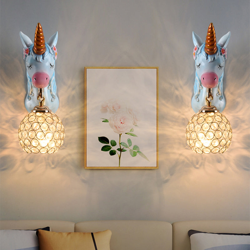 Cartoon Unicorn Wall Mount Light Resin Bedside Wall Lighting with Hollowed out Globe Shade Clearhalo 'Wall Lamps & Sconces' 'Wall Lights' Lighting' 2187596