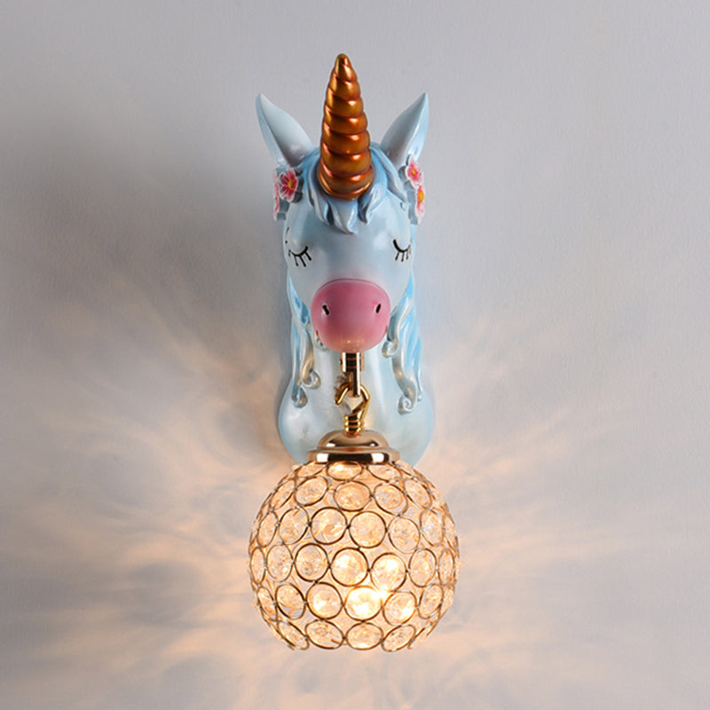 Cartoon Unicorn Wall Mount Light Resin Bedside Wall Lighting with Hollowed out Globe Shade Clearhalo 'Wall Lamps & Sconces' 'Wall Lights' Lighting' 2187597