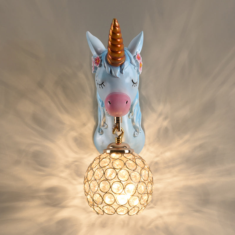 Cartoon Unicorn Wall Mount Light Resin Bedside Wall Lighting with Hollowed out Globe Shade Clearhalo 'Wall Lamps & Sconces' 'Wall Lights' Lighting' 2187598