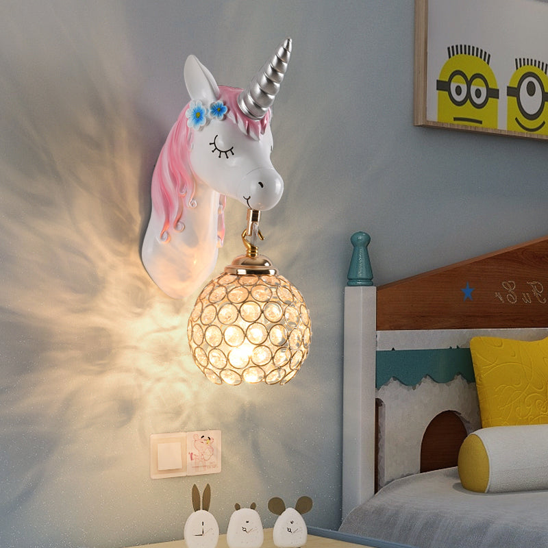 Cartoon Unicorn Wall Mount Light Resin Bedside Wall Lighting with Hollowed out Globe Shade Light Pink Clearhalo 'Wall Lamps & Sconces' 'Wall Lights' Lighting' 2187599
