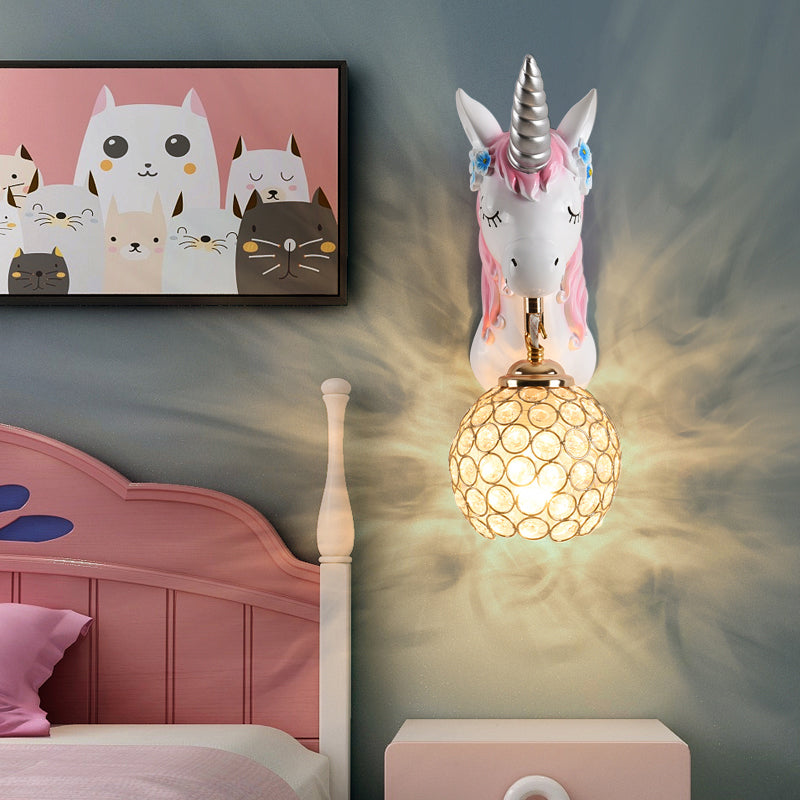 Cartoon Unicorn Wall Mount Light Resin Bedside Wall Lighting with Hollowed out Globe Shade Clearhalo 'Wall Lamps & Sconces' 'Wall Lights' Lighting' 2187600