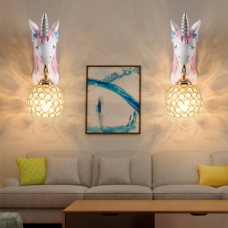 Cartoon Unicorn Wall Mount Light Resin Bedside Wall Lighting with Hollowed out Globe Shade Clearhalo 'Wall Lamps & Sconces' 'Wall Lights' Lighting' 2187601