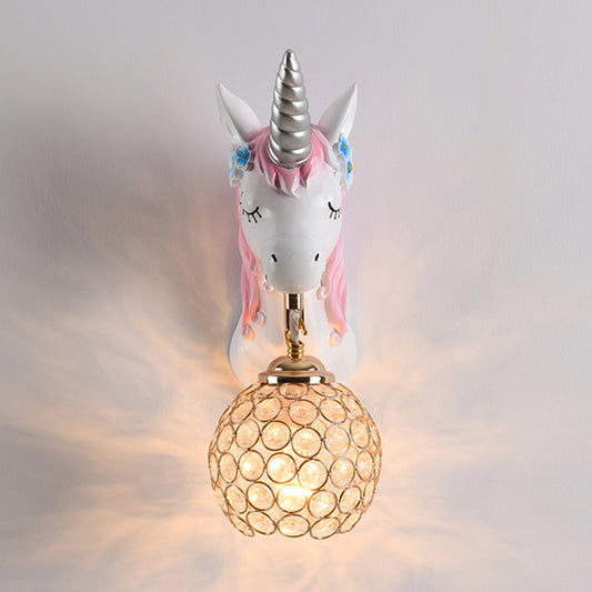 Cartoon Unicorn Wall Mount Light Resin Bedside Wall Lighting with Hollowed out Globe Shade Clearhalo 'Wall Lamps & Sconces' 'Wall Lights' Lighting' 2187602