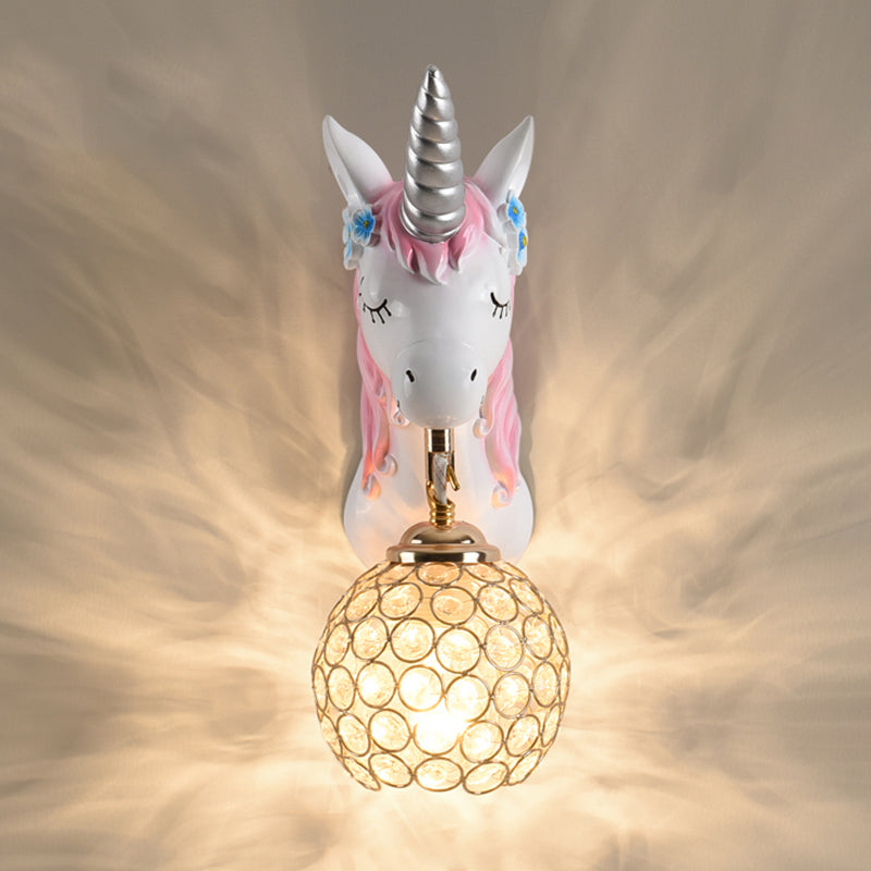 Cartoon Unicorn Wall Mount Light Resin Bedside Wall Lighting with Hollowed out Globe Shade Clearhalo 'Wall Lamps & Sconces' 'Wall Lights' Lighting' 2187603