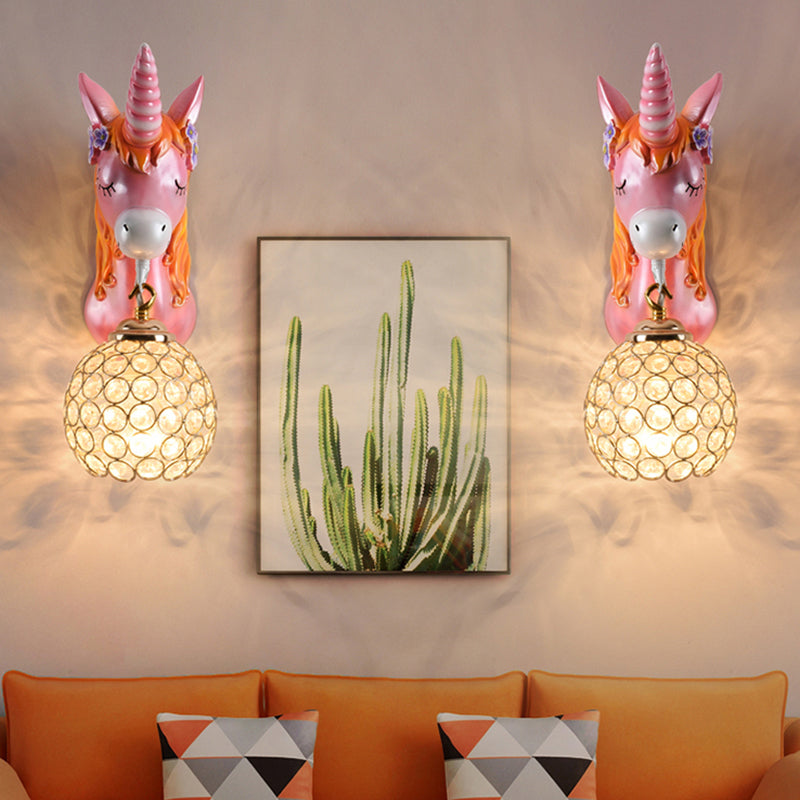 Cartoon Unicorn Wall Mount Light Resin Bedside Wall Lighting with Hollowed out Globe Shade Pink Clearhalo 'Wall Lamps & Sconces' 'Wall Lights' Lighting' 2187604