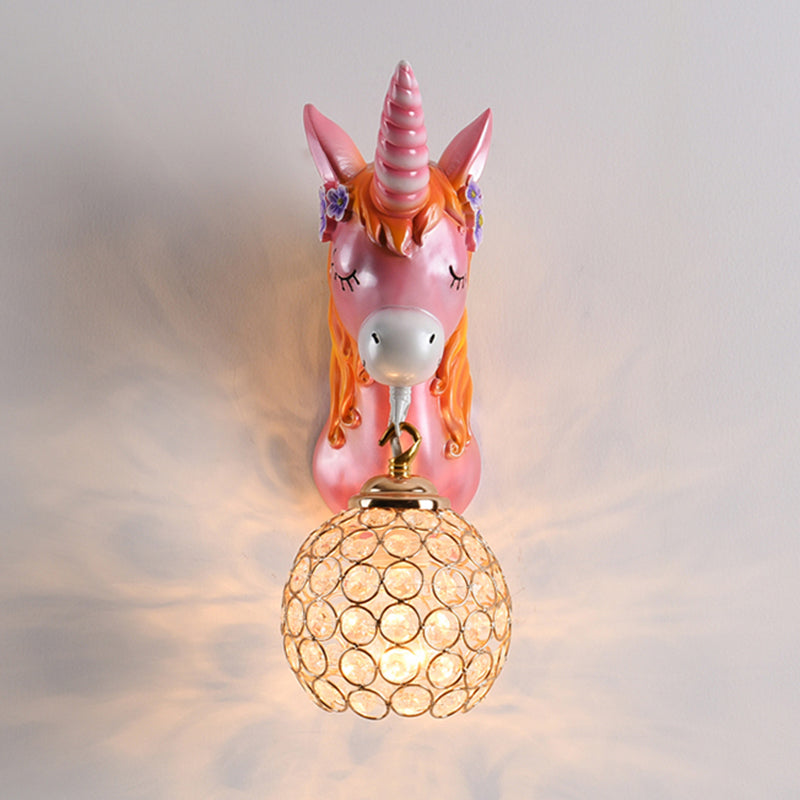 Cartoon Unicorn Wall Mount Light Resin Bedside Wall Lighting with Hollowed out Globe Shade Clearhalo 'Wall Lamps & Sconces' 'Wall Lights' Lighting' 2187605