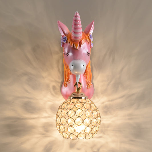 Cartoon Unicorn Wall Mount Light Resin Bedside Wall Lighting with Hollowed out Globe Shade Clearhalo 'Wall Lamps & Sconces' 'Wall Lights' Lighting' 2187606