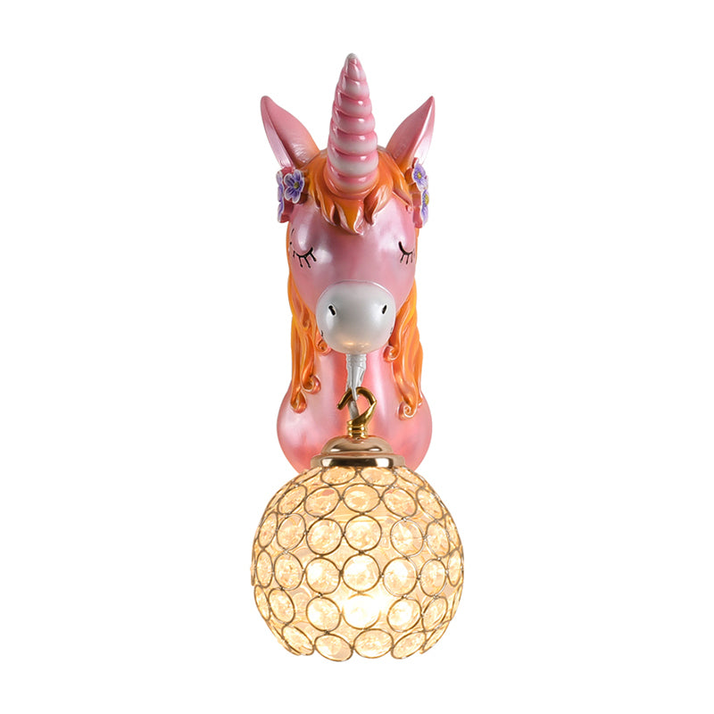 Cartoon Unicorn Wall Mount Light Resin Bedside Wall Lighting with Hollowed out Globe Shade Clearhalo 'Wall Lamps & Sconces' 'Wall Lights' Lighting' 2187607