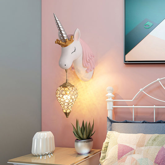 Resin Unicorn Wall Light Cartoon Single-Bulb Wall Lighting Fixture with Crystal Shade Clearhalo 'Wall Lamps & Sconces' 'Wall Lights' Lighting' 2187619