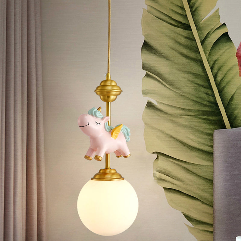 Cream Glass Globe Suspension Light Kids 1-Light Pendant Light Fixture with Resin Unicorn Pink A Clearhalo 'Ceiling Lights' 'Pendant Lights' 'Pendants' Lighting' 2187725_e28a2f64-f8b2-4afc-b396-e12e376eb2c1