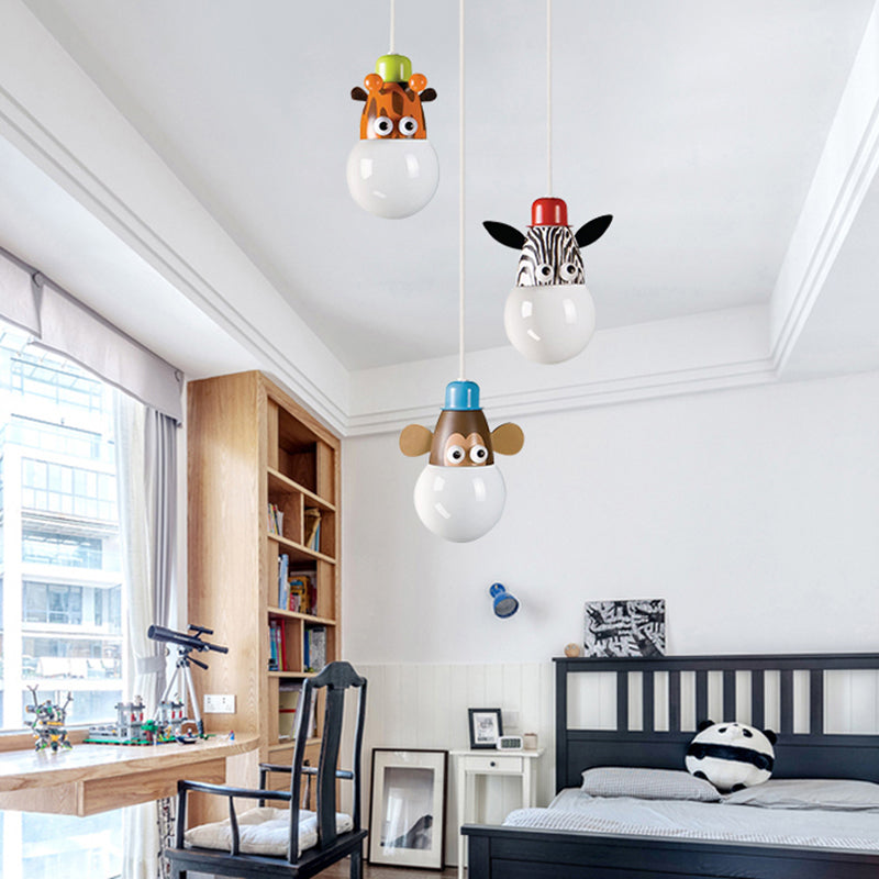 White Globe Hanging Light Cartoon 3 Heads Acrylic Multi Light Pendant with Animal Head Decor Clearhalo 'Ceiling Lights' 'Pendant Lights' 'Pendants' Lighting' 2187770