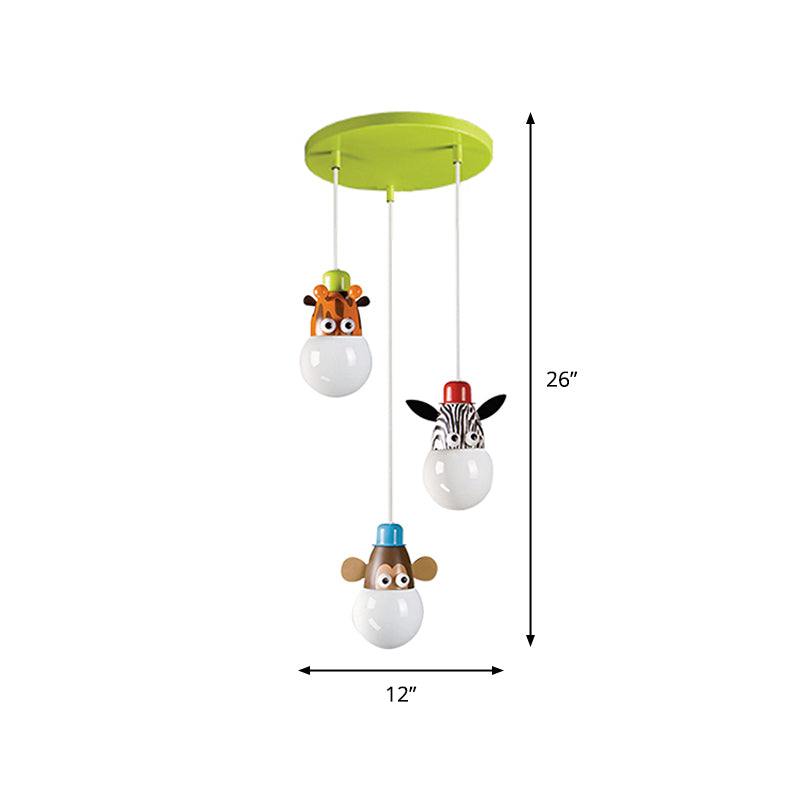 White Globe Hanging Light Cartoon 3 Heads Acrylic Multi Light Pendant with Animal Head Decor Clearhalo 'Ceiling Lights' 'Pendant Lights' 'Pendants' Lighting' 2187772