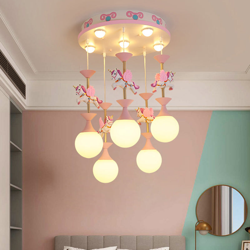 Cartoon Flying Unicorn Multi Light Pendant Resin Kindergarten Hanging Lighting with Sphere Cream Glass Shade 5 Pink Clearhalo 'Ceiling Lights' 'Pendant Lights' 'Pendants' Lighting' 2187784_a04adfe0-8523-49e2-b1f6-4b549fc4fc06