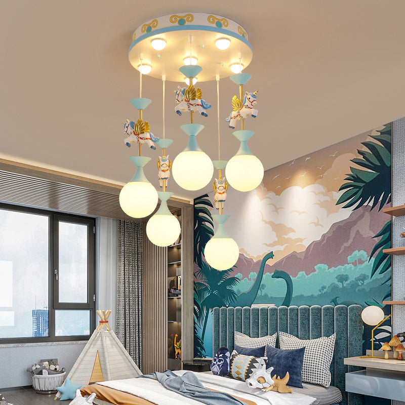 Cartoon Flying Unicorn Multi Light Pendant Resin Kindergarten Hanging Lighting with Sphere Cream Glass Shade 5 Blue Clearhalo 'Ceiling Lights' 'Pendant Lights' 'Pendants' Lighting' 2187787_25db16f7-a1d2-4daa-8121-a8edc825a911