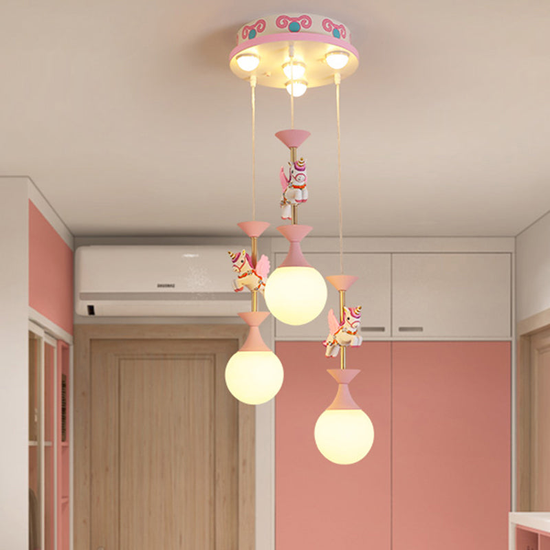 Cartoon Flying Unicorn Multi Light Pendant Resin Kindergarten Hanging Lighting with Sphere Cream Glass Shade 3 Pink Clearhalo 'Ceiling Lights' 'Pendant Lights' 'Pendants' Lighting' 2187789_fcf3ad3b-52dd-46e2-a6e1-9491e3d95e47