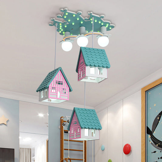 Wooden House Shaped Hanging Light Kids Style 6 Heads Multi Light Pendant for Child Room Clearhalo 'Ceiling Lights' 'Pendant Lights' 'Pendants' Lighting' 2187807