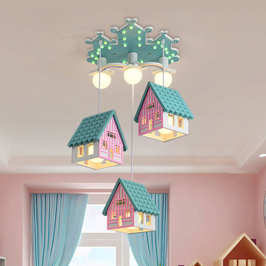 Wooden House Shaped Hanging Light Kids Style 6 Heads Multi Light Pendant for Child Room Clearhalo 'Ceiling Lights' 'Pendant Lights' 'Pendants' Lighting' 2187808