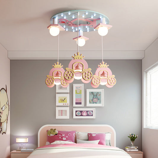 Princess Carriage Ceiling Light Wooden Kids 6 Heads Bedroom Multi Lamp Pendant Light in Pink Clearhalo 'Ceiling Lights' 'Pendant Lights' 'Pendants' Lighting' 2187827