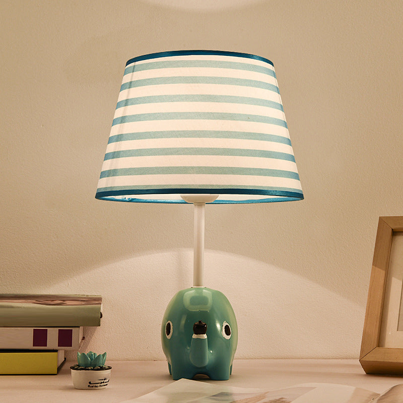 Cartoon Tapered Table Lighting Patterned Fabric 1-Light Child Room Nightstand Lamp with Resin Elephant in Blue Clearhalo 'Lamps' 'Table Lamps' Lighting' 2187858