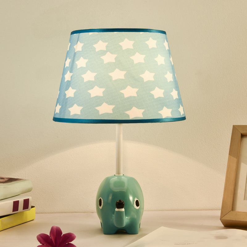 Cartoon Tapered Table Lighting Patterned Fabric 1-Light Child Room Nightstand Lamp with Resin Elephant in Blue Blue B Clearhalo 'Lamps' 'Table Lamps' Lighting' 2187859