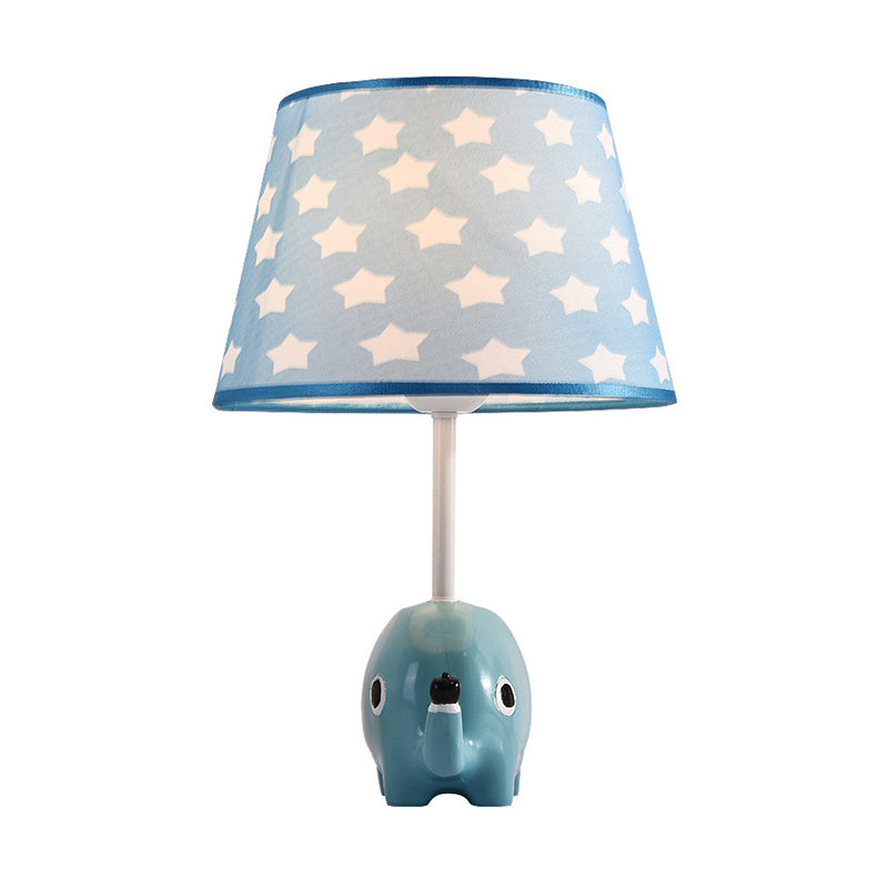 Cartoon Tapered Table Lighting Patterned Fabric 1-Light Child Room Nightstand Lamp with Resin Elephant in Blue Clearhalo 'Lamps' 'Table Lamps' Lighting' 2187860