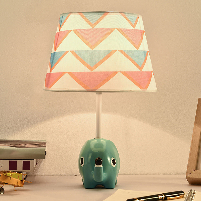 Cartoon Tapered Table Lighting Patterned Fabric 1-Light Child Room Nightstand Lamp with Resin Elephant in Blue Clearhalo 'Lamps' 'Table Lamps' Lighting' 2187862