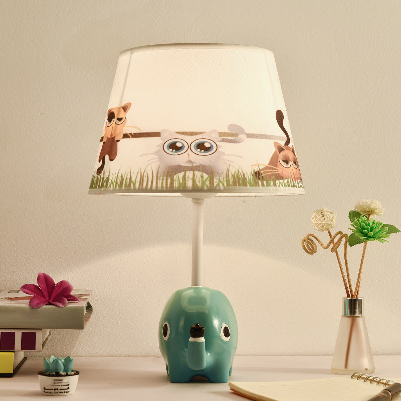 Cartoon Tapered Table Lighting Patterned Fabric 1-Light Child Room Nightstand Lamp with Resin Elephant in Blue Clearhalo 'Lamps' 'Table Lamps' Lighting' 2187864