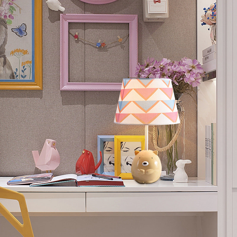 Bear Nightstand Lamp Kids Resin 1 Bulb Bedroom Table Lighting with Tapered Fabric Shade in Apricot Apricot C Clearhalo 'Lamps' 'Table Lamps' Lighting' 2187869