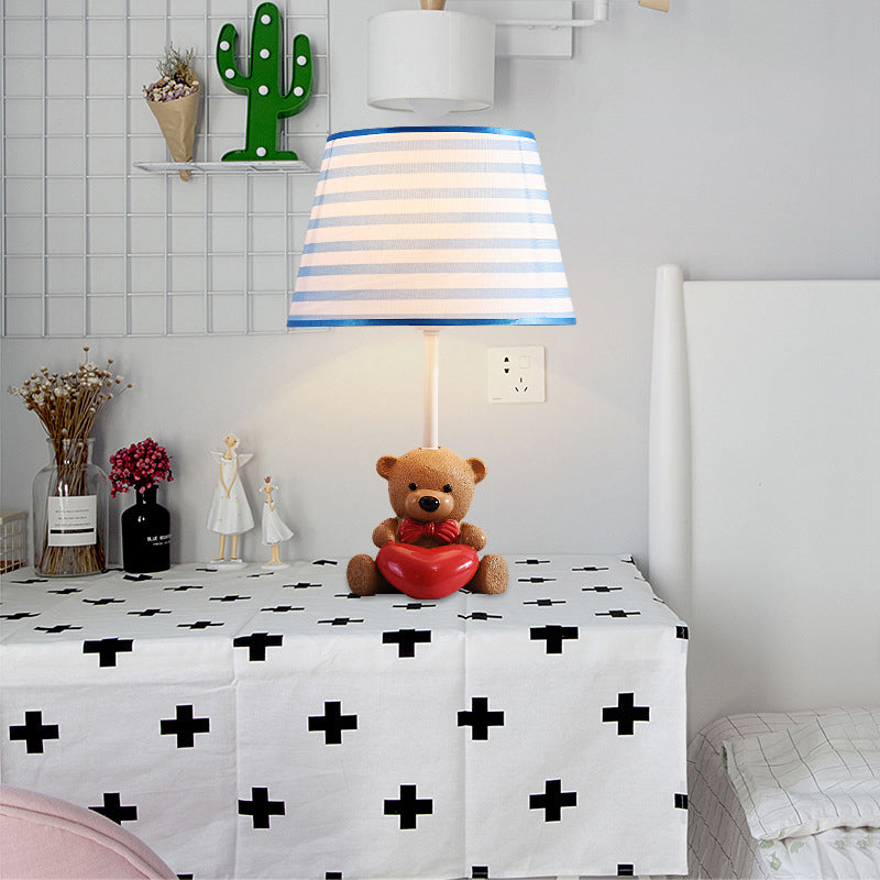 Fabric Empire Shade Table Lamp Cartoon 1 Head Brown Nightstand Light with Resin Bear and Heart Brown A Clearhalo 'Lamps' 'Table Lamps' Lighting' 2187873