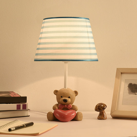 Fabric Empire Shade Table Lamp Cartoon 1 Head Brown Nightstand Light with Resin Bear and Heart Clearhalo 'Lamps' 'Table Lamps' Lighting' 2187874