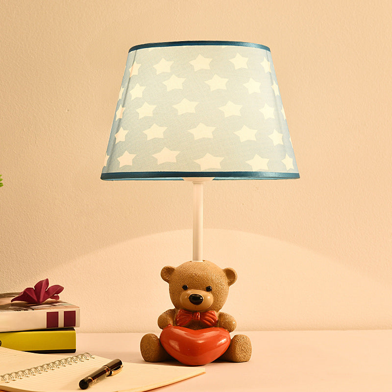 Fabric Empire Shade Table Lamp Cartoon 1 Head Brown Nightstand Light with Resin Bear and Heart Brown B Clearhalo 'Lamps' 'Table Lamps' Lighting' 2187875
