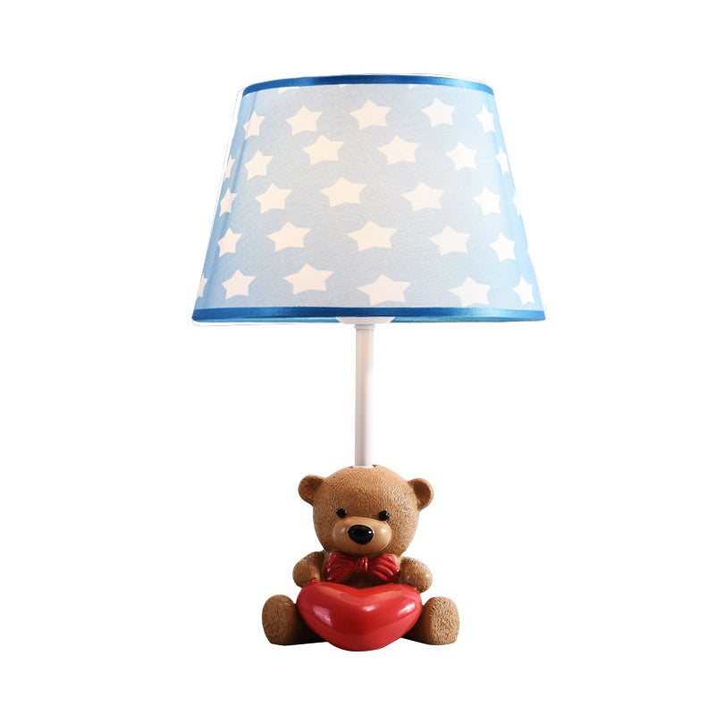 Fabric Empire Shade Table Lamp Cartoon 1 Head Brown Nightstand Light with Resin Bear and Heart Clearhalo 'Lamps' 'Table Lamps' Lighting' 2187876