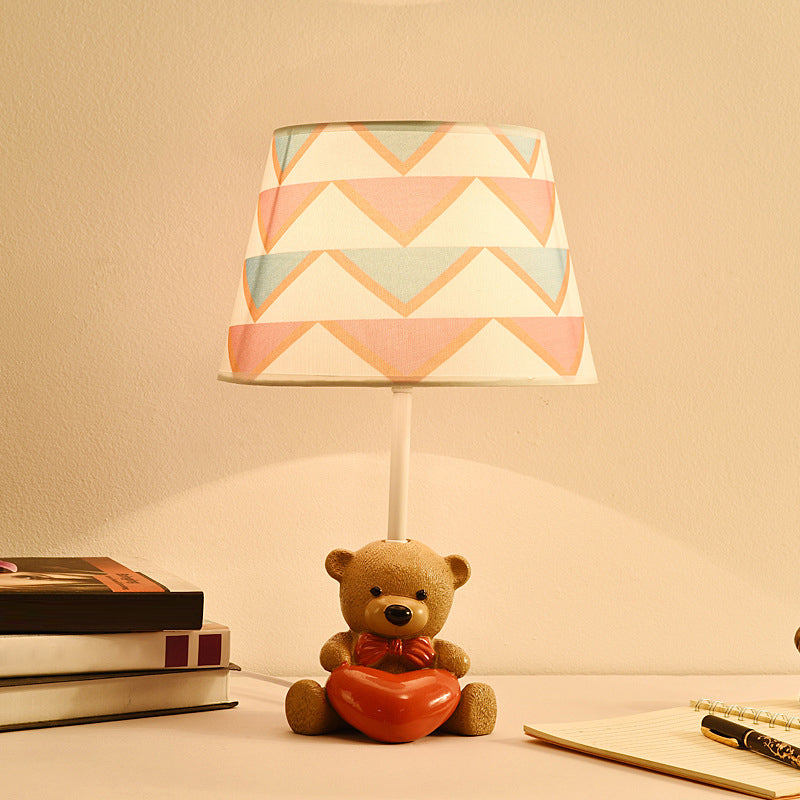 Fabric Empire Shade Table Lamp Cartoon 1 Head Brown Nightstand Light with Resin Bear and Heart Clearhalo 'Lamps' 'Table Lamps' Lighting' 2187878