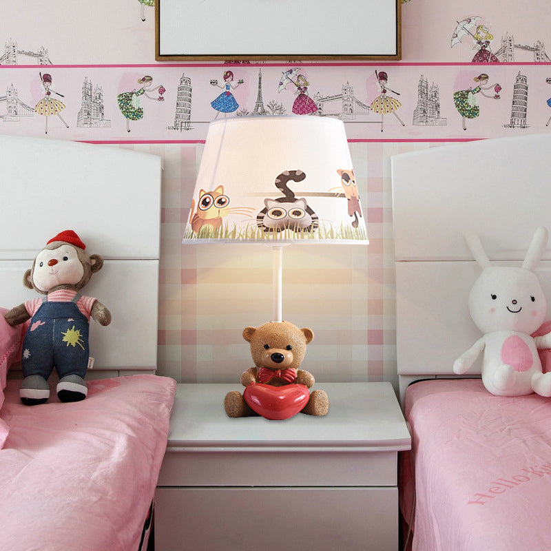 Fabric Empire Shade Table Lamp Cartoon 1 Head Brown Nightstand Light with Resin Bear and Heart Brown D Clearhalo 'Lamps' 'Table Lamps' Lighting' 2187879