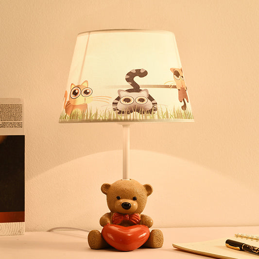 Fabric Empire Shade Table Lamp Cartoon 1 Head Brown Nightstand Light with Resin Bear and Heart Clearhalo 'Lamps' 'Table Lamps' Lighting' 2187880